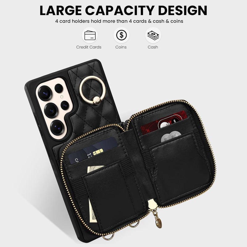 Keallce Case for Samsung Galaxy S25 Ultra 6.9'' Wallet Case,Crossbody Zipper Galaxy S25 Ultra Purse Wrist Strap Lanyard Handbag,RFID Blocking Card Slots,Flip Leather Cover for Samsung S25 Ultra,Black - Image 2